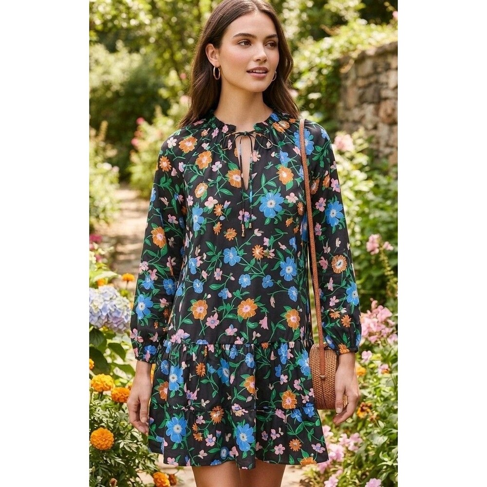 Kate Spade Black Floral Puff Sleeve Tunic Blouse Round Neck Size S (726)